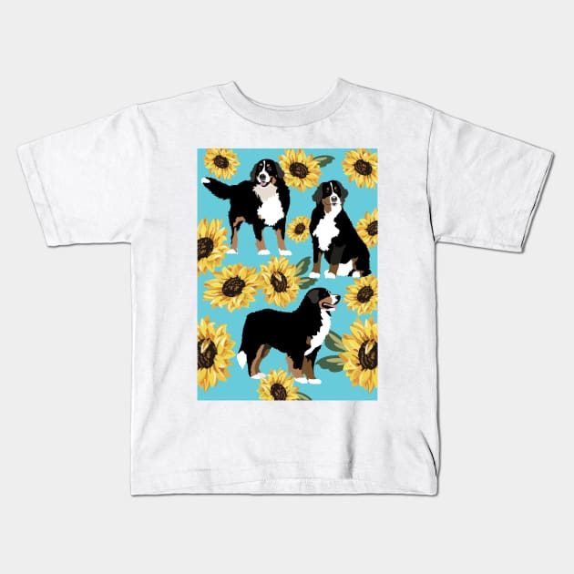 Bernese Mountain Dog and Sunflowers Kids T-Shirt by HotPinkStudio.Me